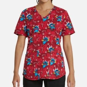 Disney Stitch Scrubs Holiday Theme Red Tee with Blue Stitch Design XXL Candycane